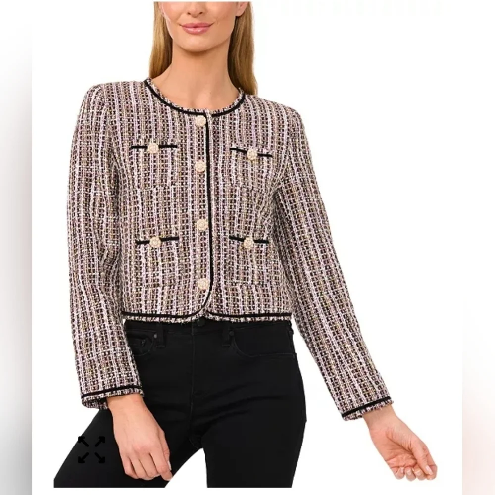 CeCe Collarless Patch Pocket Tweed Jacket - Black, Cream and Pink.